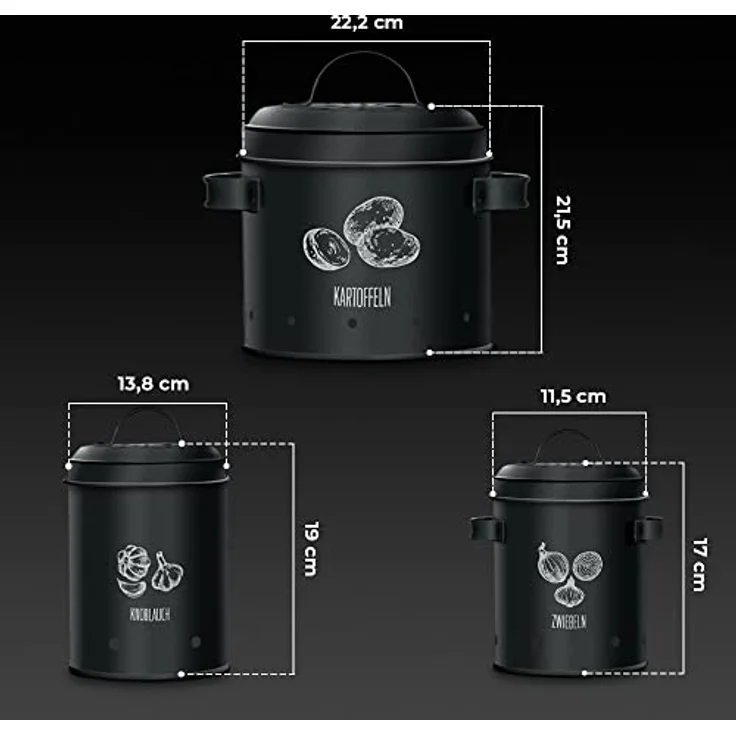 KitchenQuality Kartoffelaufbewahrungsbox 3er-Set mit luftdichten Behältern für Knoblauch, Zwiebeln & Kartoffeln, verzinktes Metall, inkl. Sparschäler & Jutebeutel – Bild 3