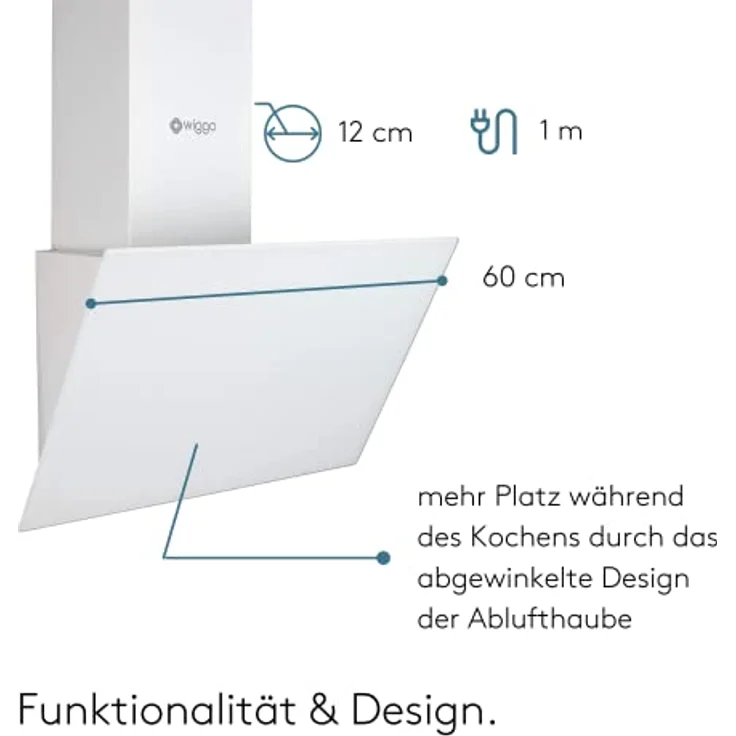 Wiggo Dunstabzugshaube 60cm kopffrei I Abluft Umluft Dunstabzug 300m³/h - LED Touch-Display 3 Stufen I Schräghaube inkl. Fettfilter & 2 x Kohlefilter I Abzugshaube mit Glasfront weiß – Bild 5