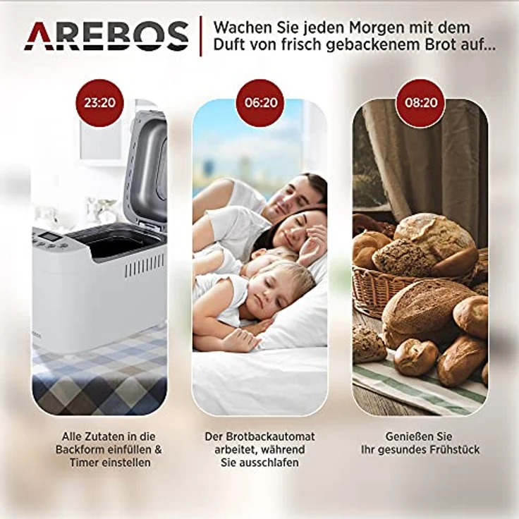 Arebos Brotbackautomat 1500g | mit 15 Programmen | 2 Knethaken | Timer | LCD Display | 3 Bräunungsgrade und Brotgrößen | 850 W | Weiß – Bild 5