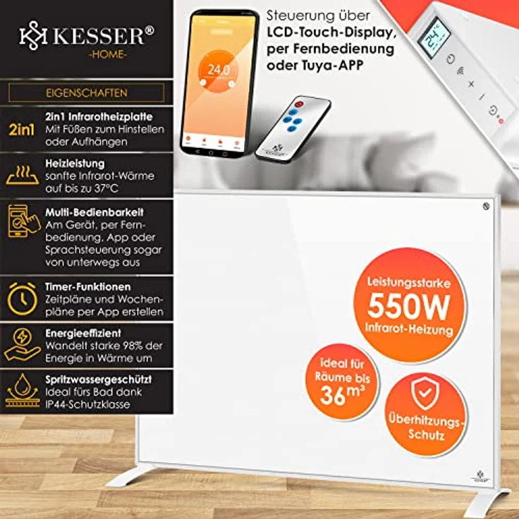 KESSER Infrarotheizung Energiesparend Infrarot 2in1 Standgerät & Wandmontage Elektroheizung mit Fernbedienung Thermostat & App-Steuerung Timer Elektrisch Heizpaneel Heizung Konvektor Standfüße Weiß, 550W, Heizstrahler – Bild 2