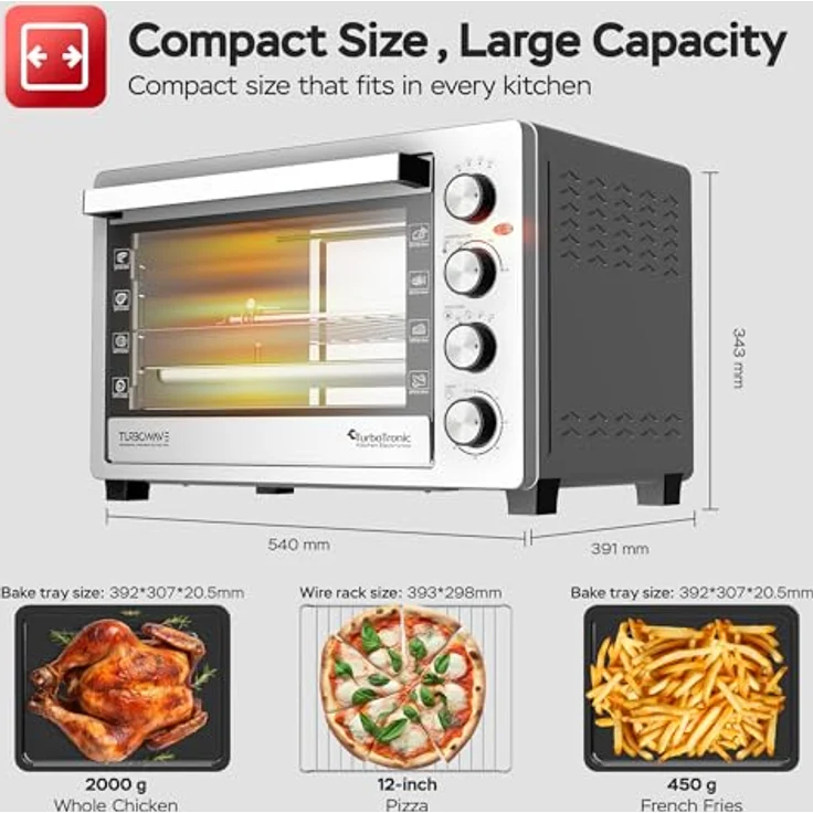 TurboTronic Elektrobackofen 38L mit Umluft, Grill & Drehspieß, Edelstahl, Timer & Doppelglastür für Pizza, Braten & Aufläufe – Bild 2