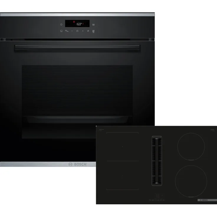 Bosch Einbau-Backofen-Set HBA271BB3 + Kochfeld mit Dunstabzug PVS811B16E, Induktion, Schwarz, 71 l Garraum, 5 Beheizungsarten, Pyrolyse-Reinigung