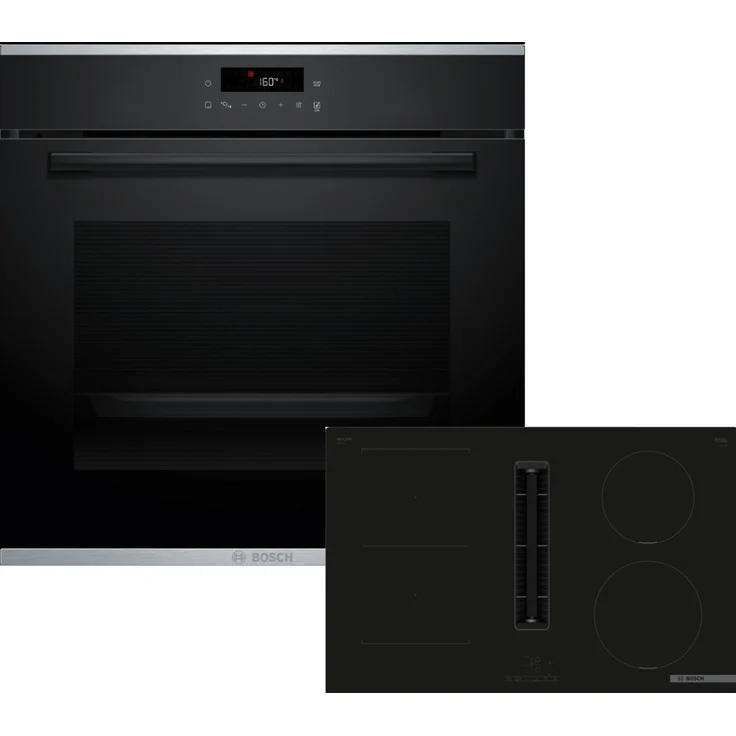Bosch Einbau-Backofen-Set HBA271BB3 + Kochfeld mit Dunstabzug PVS811B16E, Induktion, Schwarz, 71 l Garraum, 5 Beheizungsarten, Pyrolyse-Reinigung