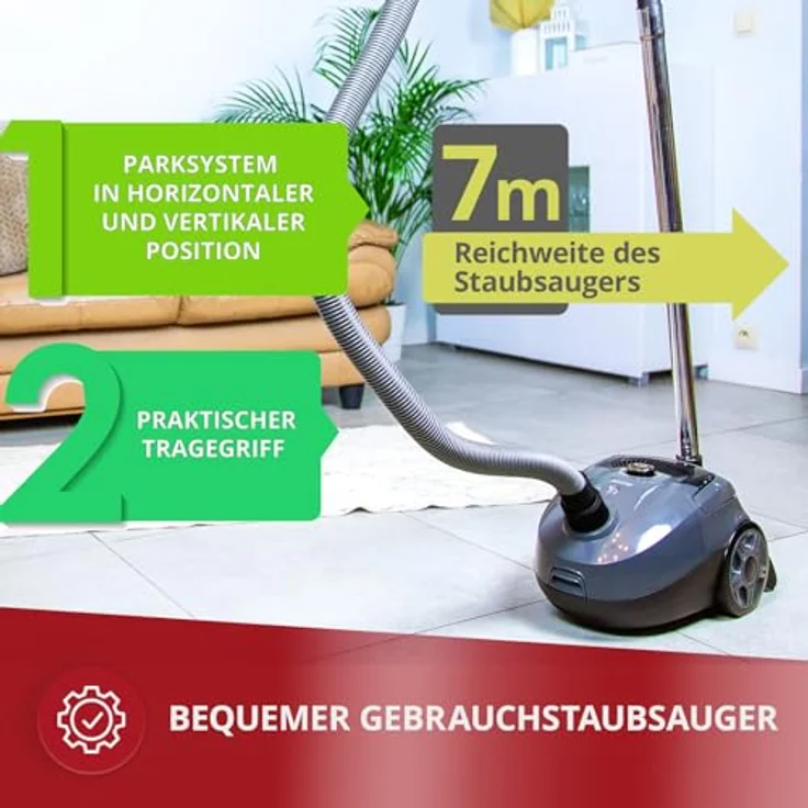 MPM MOD-52 Beutelstaubsauger, 850W mit HEPA Filter, 2L Staubbeutel, Metall Teleskoprohr, 7m Aktionsradius, Saugkraftregulierung – Bild 5