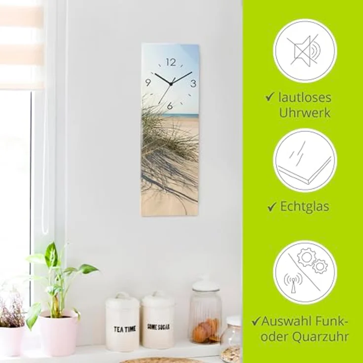 ARTLAND Wanduhr ohne Tickgeräusche Glas Funkuhr 20x60 cm Rechteckig Lautlos Strand Nordsee Meer Landschaft Küste Meer Maritim S9ZI – Bild 2