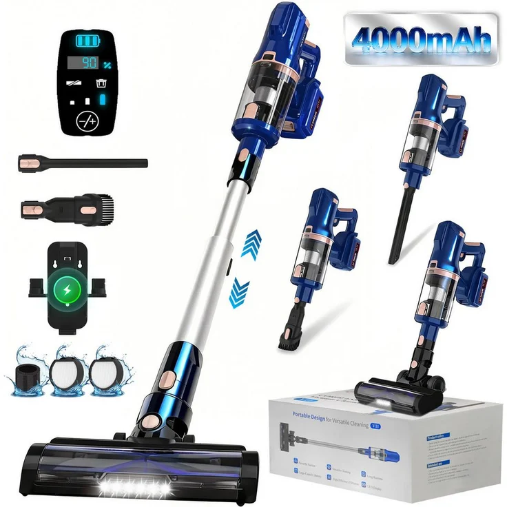 Grenintol Akku-Hand- und Stielstaubsauger, 80000 Pa Saugkraft, 4000mAh Akku, beutellos, LED Display, umfangreiches Zubehör, inkl. Akku und Ladestation