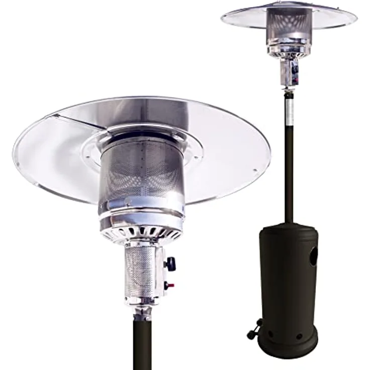 Nativ Heizpilz Classico schwarz für Terrasse und Garten, 14KW Heizstrahler mit Druckminderer für Gasflasche, Gasheizstrahler mit stufenloser Regulierung, Räder, Umkippsicherung, Gasheizstrahler