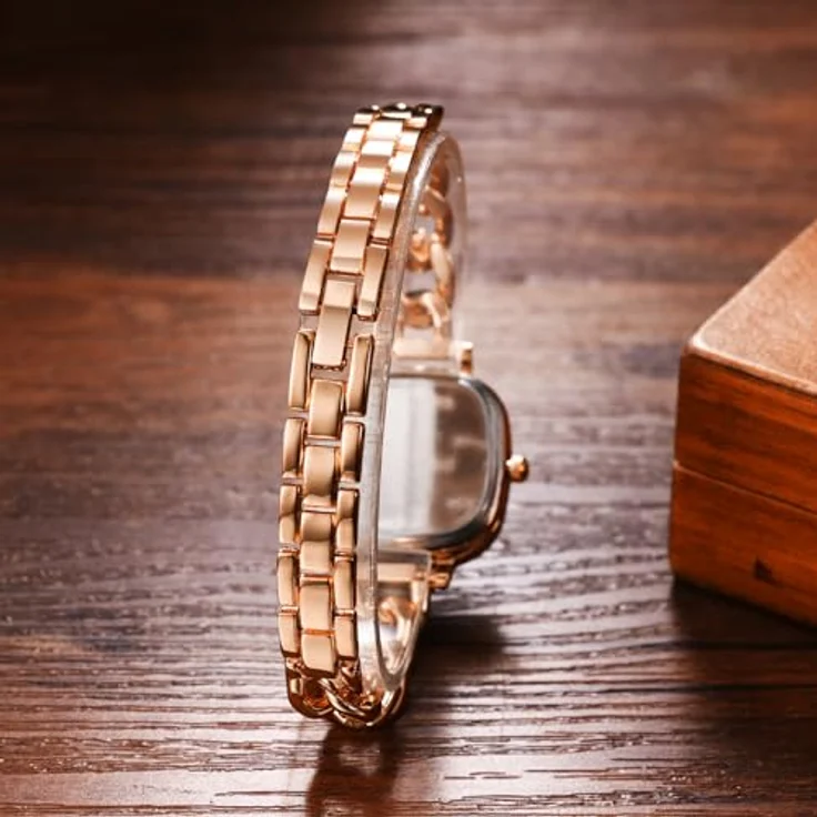 JewelryWe Kleine Quadratische Damenuhr, Glitzer Zirkonia, Analog Quarz, Rosegold mit Kubanischem Edelstahlarmband und Eckigem Zifferblatt – Bild 3