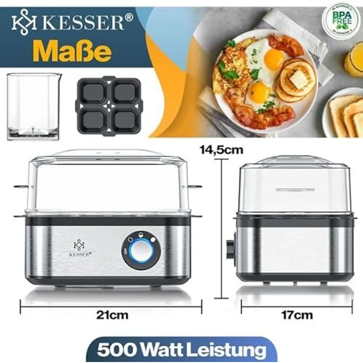KESSER® Eierkocher für 1 bis 8 Eier, elektrisch aus Edelstahl 500W mit Warmhaltefunktion, LED-Drehschalter, drei Härtegrade, BPA-frei & spülmaschinenfest, inkl. Messbecher, Eierhalter & Omlettschale, Silber – Bild 2