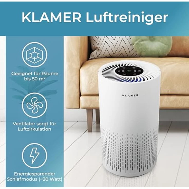KLAMER Luftreiniger 300i mit HEPA Filter, CADR 220 m³/h, für 50 m² Räume, Smart App, Laser-Sensor, 360° Luftzirkulation, 3 Modi – Bild 2