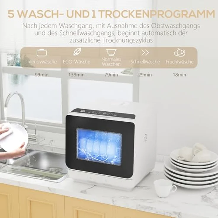 HOMCOM Tischgeschirrspüler, kompakt mit 5 Programmen, 29 Minuten Reinigung, Weiß – Bild 4