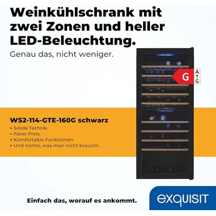 Exquisit Weinkühlschrank WS2-114-GTE-160G, 2 Zonen für 114 Flaschen, 220 Liter, Umluftventilator, digitale Temperaturanzeige, schwarz – Bild 2