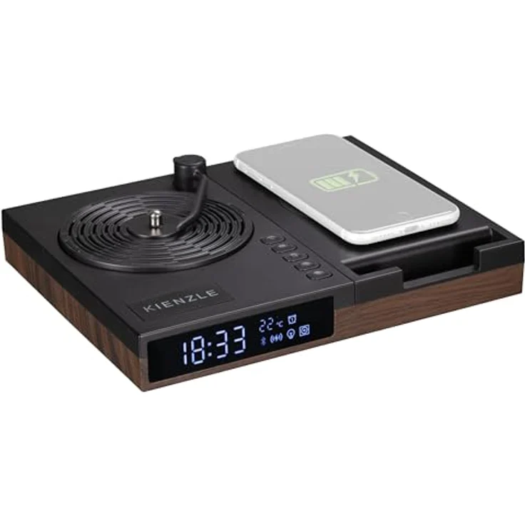Kienzle Retro Plattenspieler Wecker mit Bluetooth Lautsprecher, kabelloser Ladestation, Temperaturanzeige, 2 Weckzeiten und Ambiente Licht – Bild 1