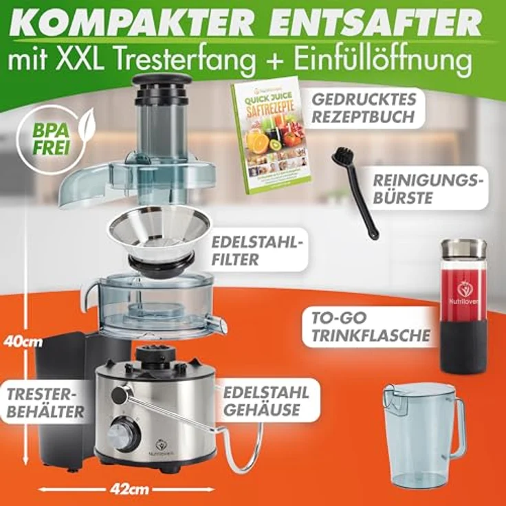 Nutrilovers QUICK-JUICER MAX, Zentrifugal-Entsafter mit 800 W, XXL-Einwurf, Edelstahlgehäuse, inklusive Reinigungsbürste und Rezeptbuch – Bild 3