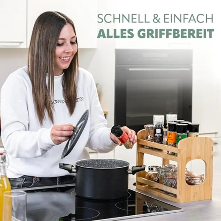 eluno Gewürzregal 2 Etagen, ausziehbarer Küchenorganizer zur Aufbewahrung von Gewürzen, Kräutern, Tee und Ölflaschen, leichte Montage zum Kleben oder Bohren, Bambus, 29 x 16 x 24,5 cm – Bild 5