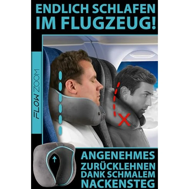 FLOWZOOM Comfy Nackenkissen Flugzeug - Nackenhörnchen Erwachsene - Nackenkissen Auto - Reisekissen Memory Foam - waschbar mit schmalem Rückenteil (samtweich & atmungsaktiv) - einstellbar, grau – Bild 2