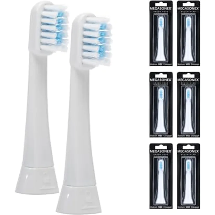 MEGASONEX 6x Bürstenköpfe flat - medium, ultrafeine Dupont Tynex Fasern, flaches Bürstenprofil für gründliche Zahnreinigung