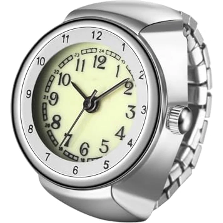 JewelryWe Fingeruhr Ringuhr, Damen Edelstahl mit elastischem Stretchband, große Zahlen, analoges Quarzwerk, Silber – Bild 1