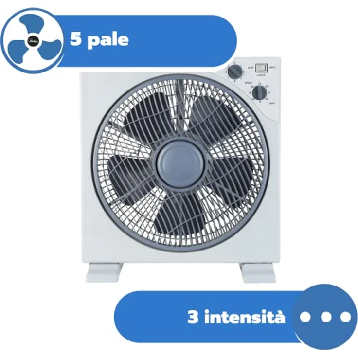 ARDES - Tragbarer quadratischer Tisch- oder Bodenventilator mit 5 Flügeln und 3 Intensitätsstufen, 360-Grad-Drehung und Timer, Bodenventilator, weiß, Box Floor AR5B29 – Bild 5