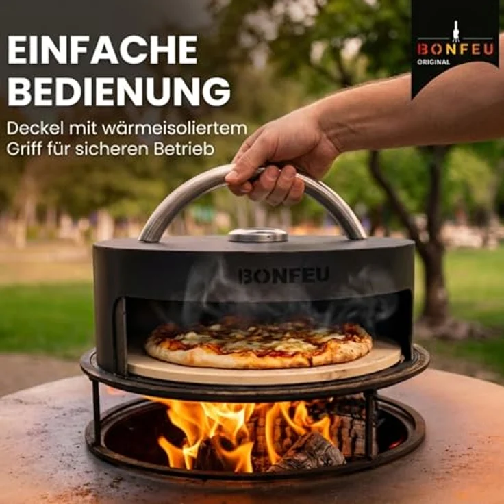 BonFeu BonPizza Pizzaofen Schwarz, Outdoor Holzofen mit Pizzastein 34 x 34 cm und leichtem Deckel – Bild 8