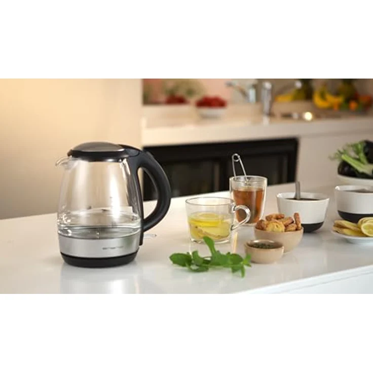 Emerio WK-125145 Glas-Wasserkocher, 1,2 L, 2200 W, verdeckte Heizelemente, Kontrollleuchte, silber, schwarz – Bild 6
