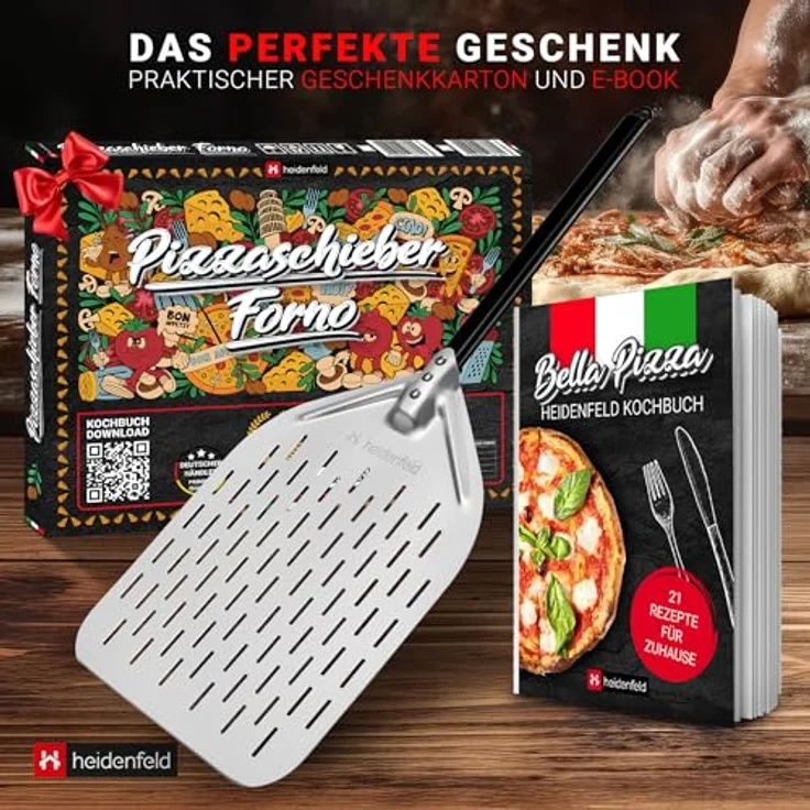Heidenfeld Premium Pizzaschieber Forno | Pizzaschaufel perforiert - Große Fläche 34.0 x 33.0 cm - Griff ergonomisch 31.0 cm - Pizza Zubehör - Pizzapfanne (Forno 13 Zoll) - Satinierter Griff, temperaturbeständig, rostfrei – Bild 5