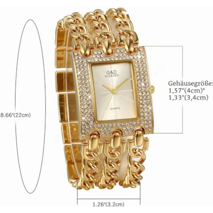 JewelryWe Damen Analog Quarz Armbanduhr, elegante rechteckige Uhr mit Silber Zifferblatt und goldfarbener Panzerkette, Strass-Details, 22 cm Gesamtlänge – Bild 4