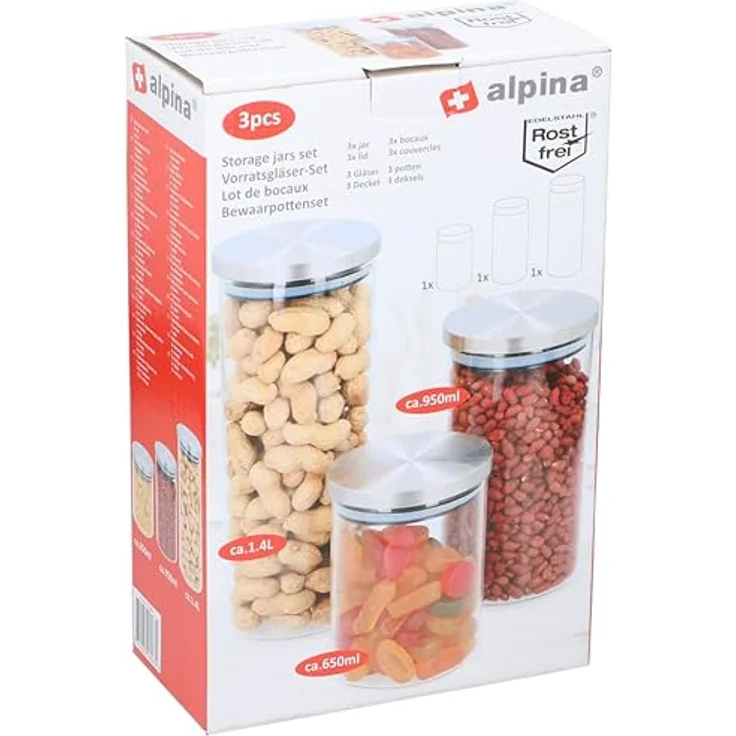 alpina Vorratsgläser Set, 3 Stück in 650/950/1400 ml, luftdicht aus Edelstahl/Glas, spülmaschinenfest – Bild 3