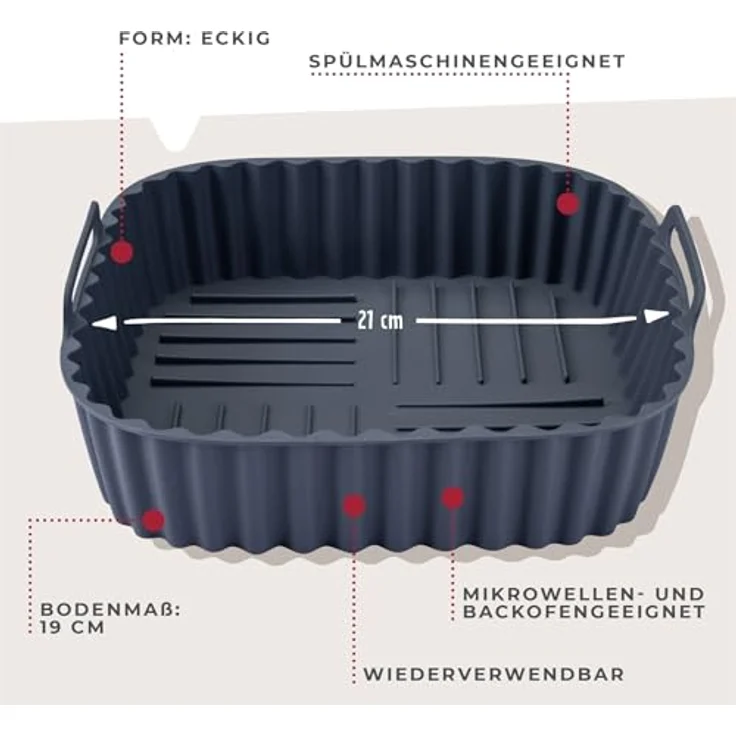 Fackelmann Silikonform für Heißluftfritteuse, 21 cm, eckig, aschgrau, antihaftbeschichtet, spülmaschinengeeignet – Bild 3