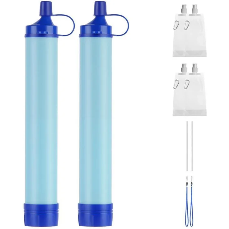 HOTUT Wasserfilter Outdoor, 2 Stück Ultrafeinfilter 0,01 μm, 99,99% Bakterienentfernung mit Wasserbeutel und Karabiner für Notfall und Survival