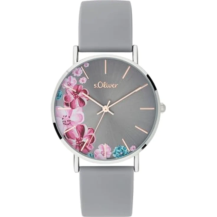 s.Oliver Damen Analog Quarz Armbanduhr SO-3707-PQ, silbernes Metallgehäuse Ø 36 mm, graues Silikonarmband, 3 ATM wasserdicht – Bild 1