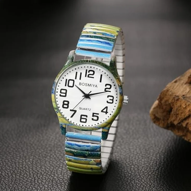 JewelryWe Damenuhr Boho Elastische Armbanduhr, Van Gogh Die Ernte Kunstmotiv, Edelstahl Stretcharmband, große Ziffern, Analog Quarz Uhr für Senioren – Bild 4