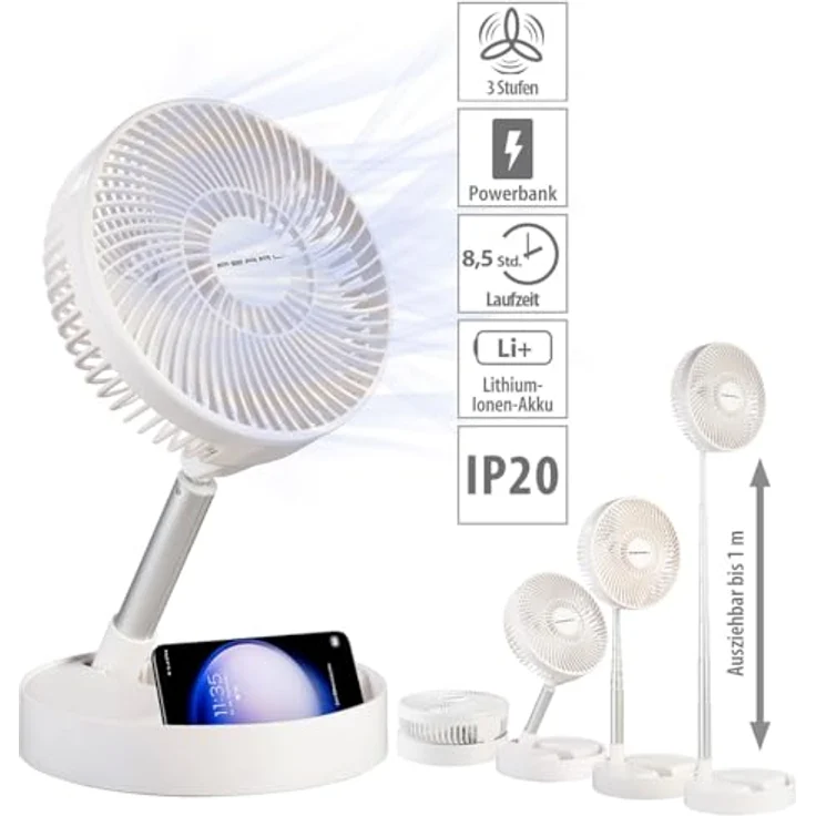 PEARL 2in1-Akku-Tisch- & Standventilator, ausziehbar bis 1 m, 3 Geschwindigkeitsstufen, 4000 mAh Akku für 8,5 Stunden Laufzeit, USB-Funktion, neigbarer Ventilatorkopf – Bild 3