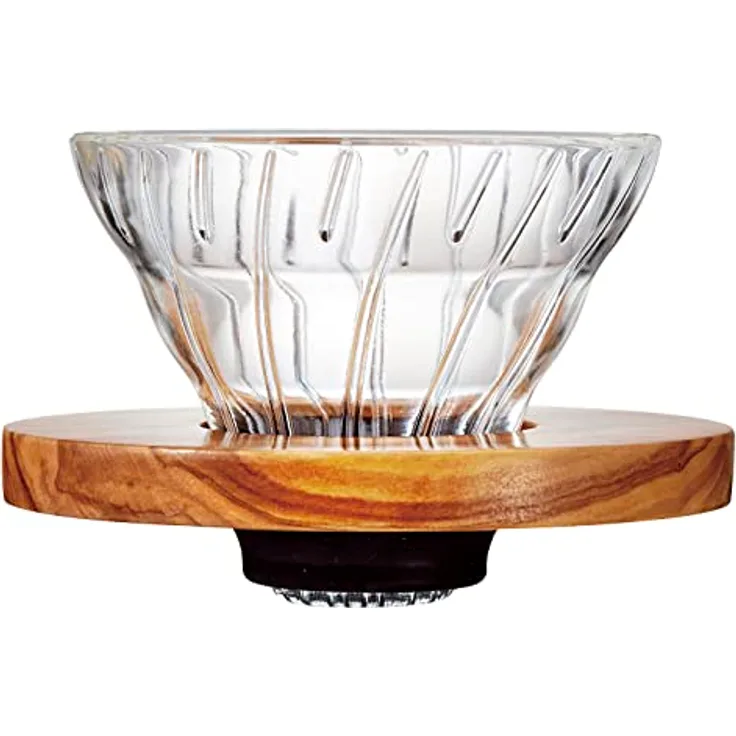 Hario V60-01, wiederverwendbarer Kaffeefilter aus hitzebeständigem Glas mit Olivenholzgriff, Braun-Transparent