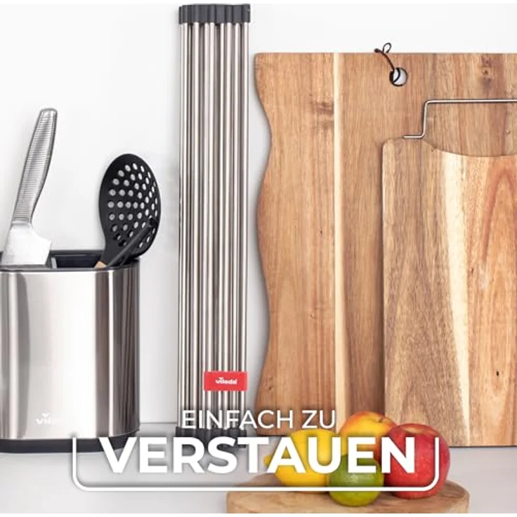 Vileda Abtropfgitter Spüle 45x40cm aus Edelstahl & TPE - Rollbar, 24 Stangen - Ideal für Geschirr - Faltbar, silber – Bild 4