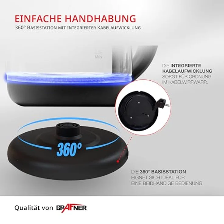 Grafner Design Glas Wasserkocher 1,8 Liter, 1800 Watt, mit blauer LED Beleuchtung, Trockenlaufschutz, BPA-frei, 360° Basis, Edelstahl Heizelement, Cool-Touch Griff, Überhitzungsschutz, schwarz – Bild 5