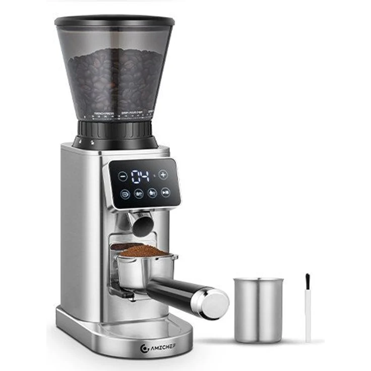 AMZCHEF Kaffeemühle CG20OT9-SV, 160 W, 300 g Bohnenbehälter, elektrische Siebträger Kaffeemühle mit 24 Mahlgraden und abnehmbarer Halterung