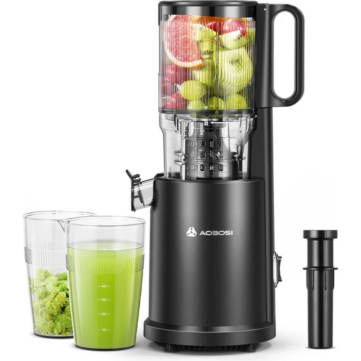 AMZCHEF Slow Juicer CE-ZM19OT07B-BK, 220 W, 126mm Einfüllschacht, mit 2 Gläsern, Kaltpress-Technologie