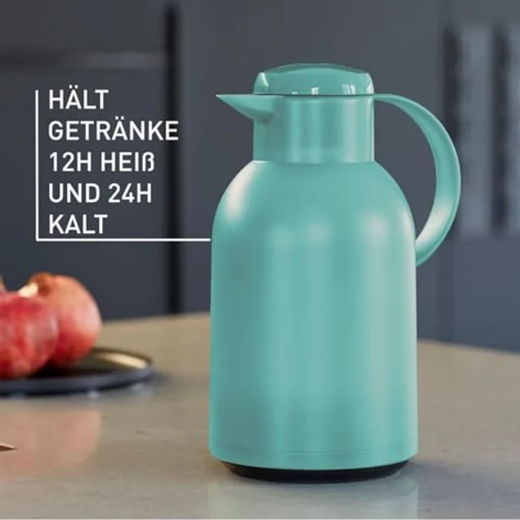 Emsa N4012100 Samba Isolierkanne (1,5 Liter, Quick Press Verschluss, 12h heiß und 24h kalt) Transluzent-Dunkelgrün – Bild 4