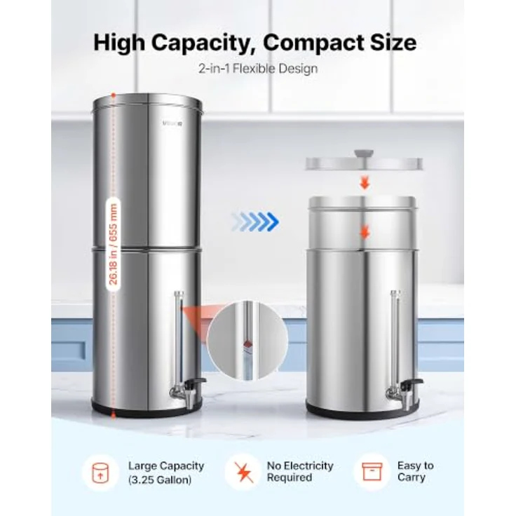 VEVOR Schwerkraft-Wasserfilter 12,3 L Edelstahl 304, Wasserfiltersystem mit 2 Aktivkohlefiltern, reduziert Blei und 99 % Chlor, Wasserstandsanzeige für Zuhause und Camping – Bild 6