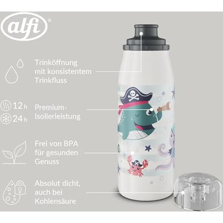 alfi KIDS ISO BOTTLE 350ml, Piraten, Isoliertrinkflasche Kinder Edelstahl, hält 12 Std. heiß, 24 Std. kalt, Trinkflasche für Kohlensäure, BPA-frei. – Bild 4