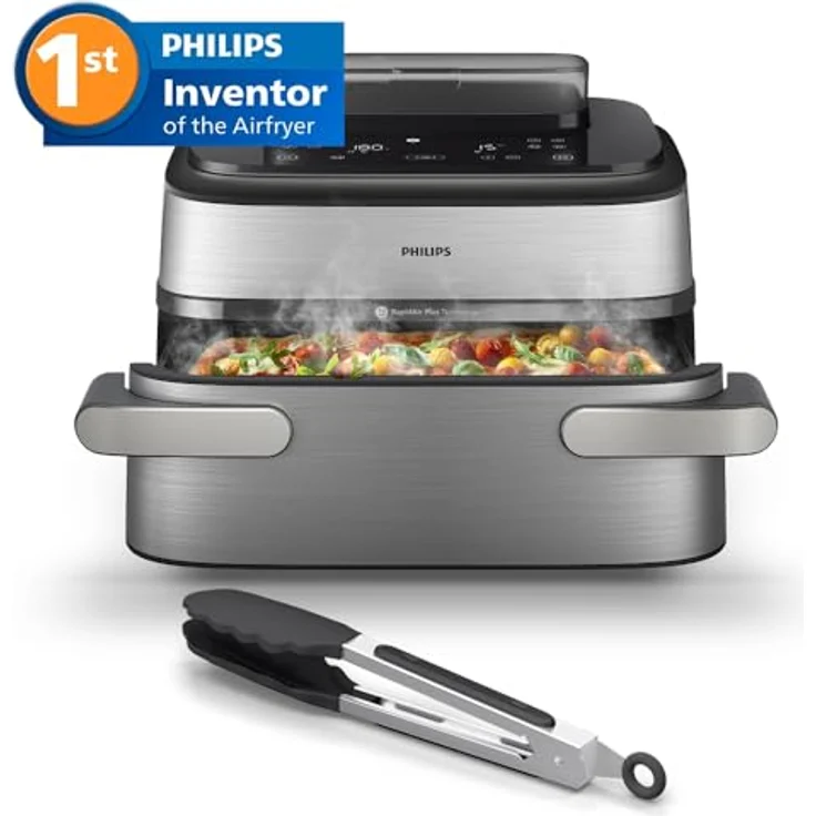Philips Heißluftfritteuse NA565/02 Steam Airfryer 5000 Series, 9,5L Megabasket, 2750 W, Dampfgarfunktion, RapidAir Plus Technologie, inkl. Servierzange – Bild 3