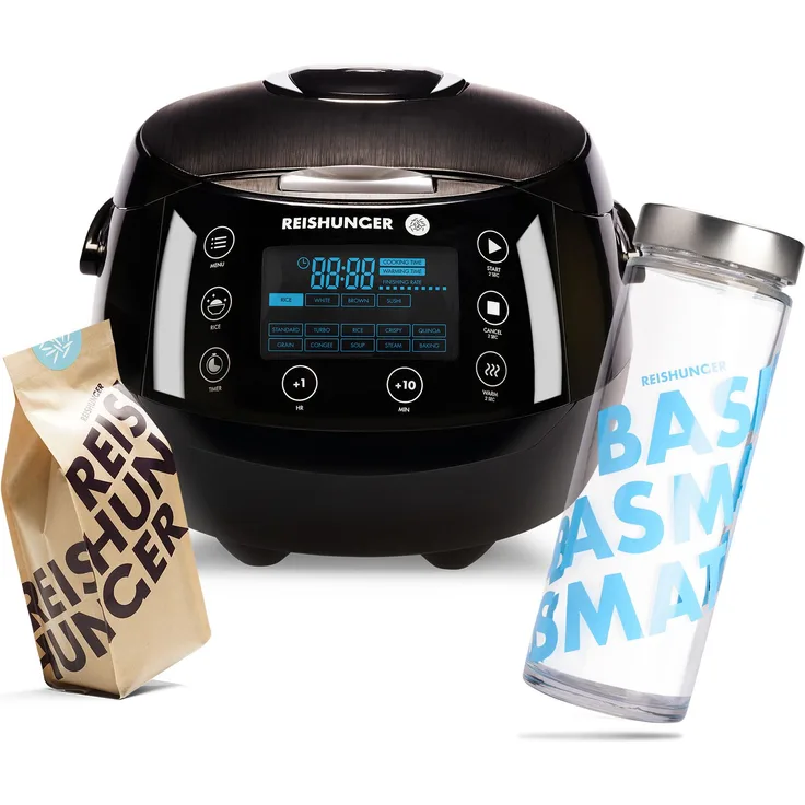 REISHUNGER Digitaler Reiskocher mit 1,5 L Kapazität, schwarz, inkl. Basmati Reisglas & 600g Basmati, bis zu 8 Portionen, Warmhaltefunktion, Timer & Premium Topf