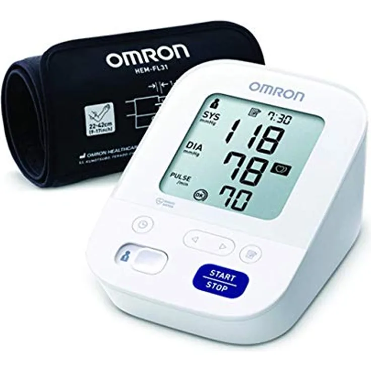 Omron Oberarm-Blutdruckmessgerät M3 Comfort HEM-7155-E, IntelliWrap-Manschette, Intellisense-Technologie, klinisch validiert, AA-Batterien und Tasche, 22-42 cm (Grau)