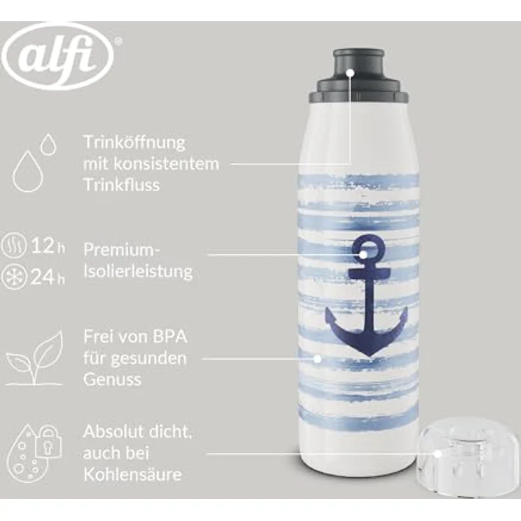 alfi KIDS ISO BOTTLE 500ml, Blau Weiß Anker, Isoliertrinkflasche Kinder Edelstahl, dicht mit Drehverschluss, hält 12 Std. heiß, 24 Std. kalt, für Kohlensäure, BPA-frei – Bild 2