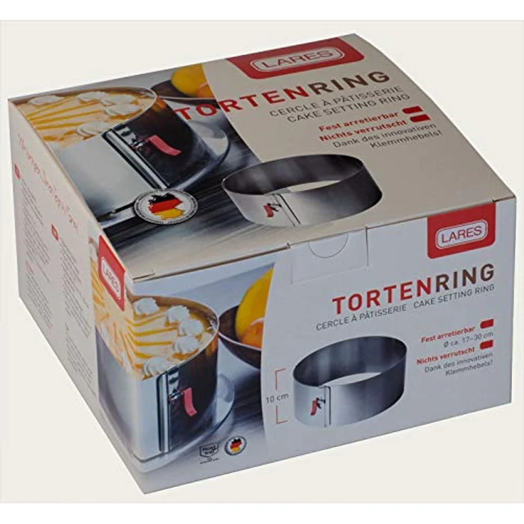 Lares Kuchenring-Tortenring mit Klemmhebel - 18-30cm Ø, H: 10cm - Federbandstahl, stufenlos verstellbar - Made in Germany – Bild 3