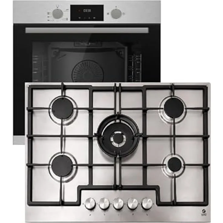 Gasline Gasherd Set GAG75INX & GB850-FIX, Edelstahl, 75 cm mit 5-Flammen Gaskochfeld und Wokbrenner, 69L Einbaubackofen mit Umluft und Gasgrill, LPG/Erdgas, Autark, Thermosicherung, Sabaf Brenner