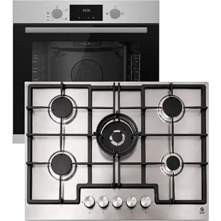Gasline Gasherd Set GAG75INX & GB850-FIX, Edelstahl, 75 cm mit 5-Flammen Gaskochfeld und Wokbrenner, 69L Einbaubackofen mit Umluft und Gasgrill, LPG/Erdgas, Autark, Thermosicherung, Sabaf Brenner – Bild 1