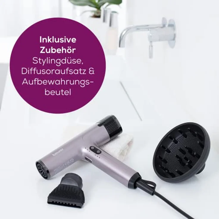 Beurer HC 100 Excellence Haartrockner, Föhn mit Digitalmotor, extrem kraftvoll und ultra leichtes Gewicht, 4 Temperatur- & Gebläsestufen für schnelles und schonendes Trocknen, Stylingdüse & Diffusor – Bild 5
