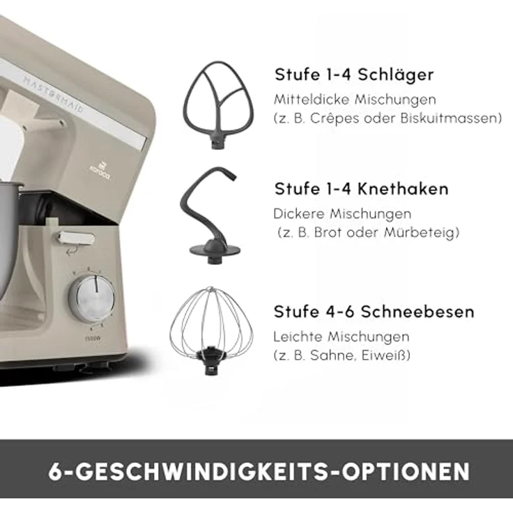 Karaca Mastermaid Chef Pro Double Armed Küche Koch 1500W Soft Cream, Glänzend Cream, 1500W, 5 L Mixer, Food Processor, Geschwindigkeitseinstellung, Knethaken, Verquirlen, Kneten und Mischen – Bild 5